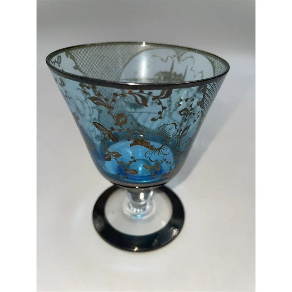 Cobalt Blue 6 wine cocktail stems inlaid sterling man in Asian scene flowers 4”